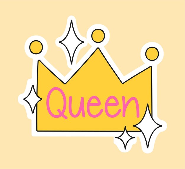 Vector cute fashion patch with queen lettering in yellow crown concept of trendy fashion stickers for