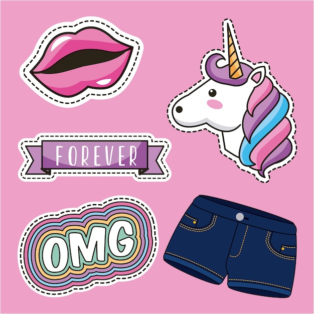 Vector cute fashion patches decoration unicorn lips shorts