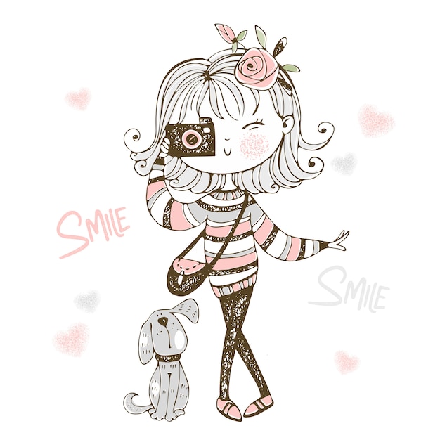 Cute fashionable girl with a camera with her pet dog.