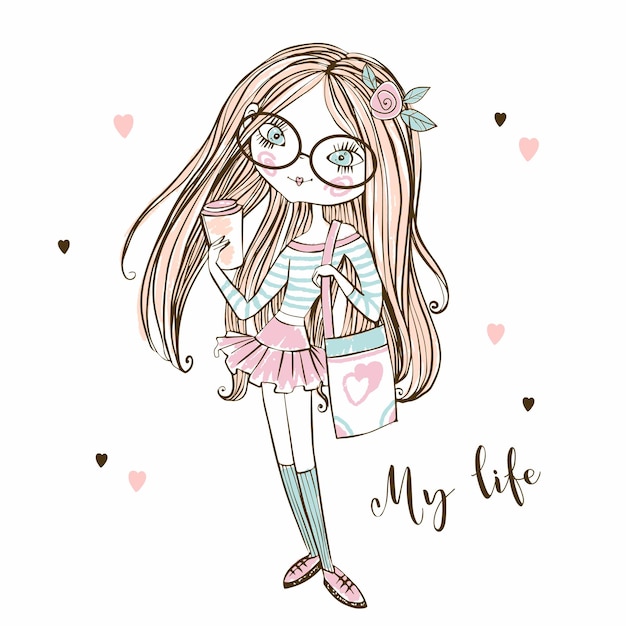 Cute fashionista teen girl in glasses with a Cup of coffee. My life. Vector.