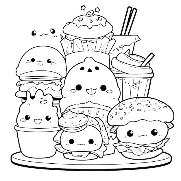 Vector cute fast food black and white coloring page for kids and adults line art simple cartoon style happy cute and funny