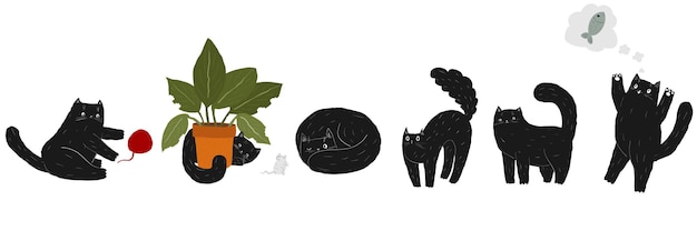 cute fat black doodle cartoon cat set cat is hiding behind plant  scary kitten arches its back