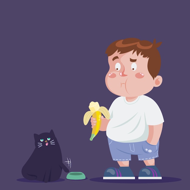 음식을 요구하는 고양이와 바나나를 먹는 귀여운 뚱뚱한 소년