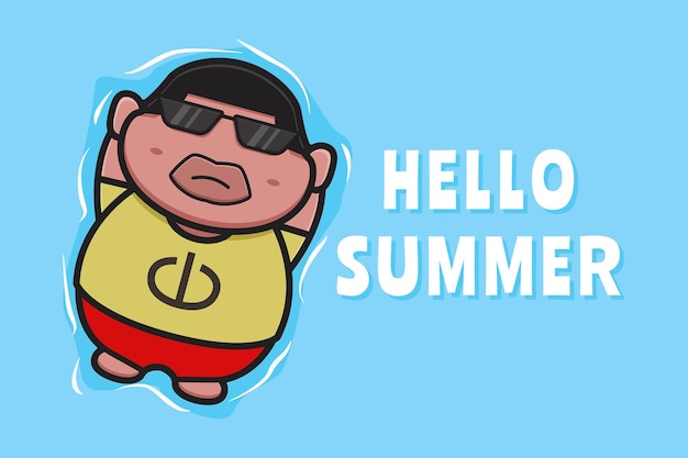 Cute fat boy floating relaxes with a summer greeting banner cartoon icon illustration