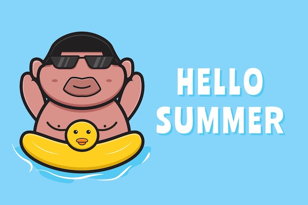여름 인사말 배너 만화 아이콘 일러스트와 함께 수영 반지와 함께 수영하는 귀여운 뚱뚱한 소년.