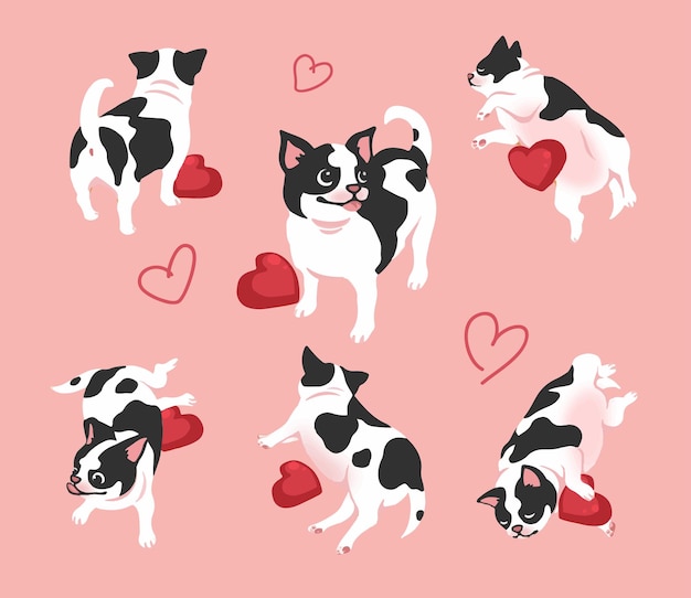 Cute fat dogs Puppy Animal set vector lying on pink background looks lazy and happy