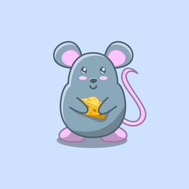 Vector cute fat grey mouse rat holding cheese icon. cartoon style vector illustration