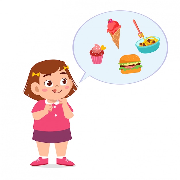 Vector cute fat kid girl eat junk food