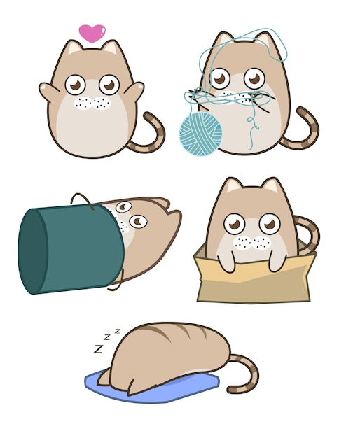 Cute fat round brown cat collection . Cat pose free hug, play ball of thread, into bucket, sitting in box and sleep. Cartoon character design flat simple style.