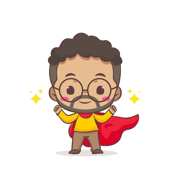 Cute father as hero with red cloak cartoon character african man wearing glasses concept design