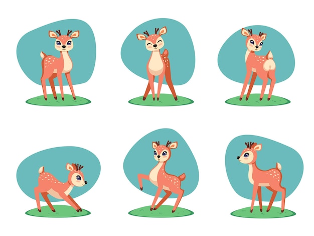 Cute fawn cartoon baby deers set baby deer standing and lying in different poses forest animals set vector cartoon animal