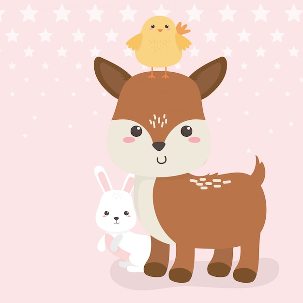 Cute fawn and rabbit with chick animals farm characters