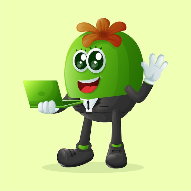 Cute Feijoa character typing on a computer Perfect for kids merchandise and sticker banner promotion or blog