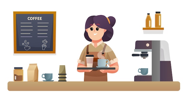 コーヒーショップカウンターイラストでトレイとコーヒーを運ぶかわいい女性バリスタ