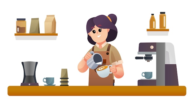 Vector cute female barista making coffee at coffee shop counter illustration