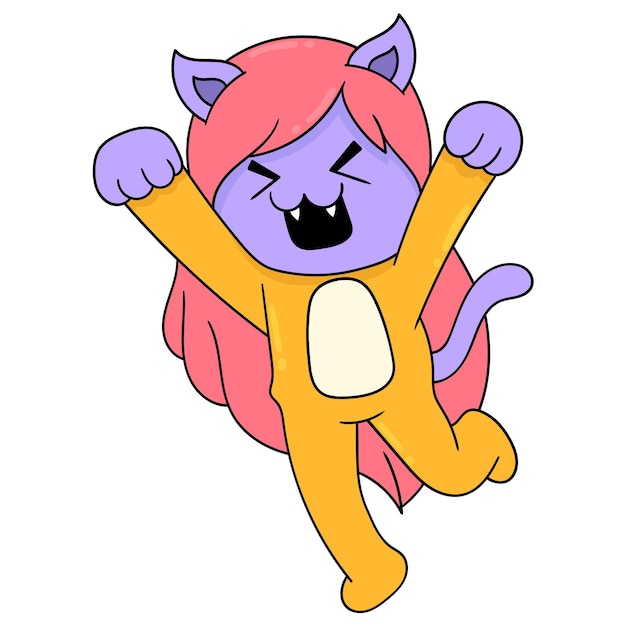 Cute female cat monster trying to scare, vector illustration art. doodle icon image kawaii.