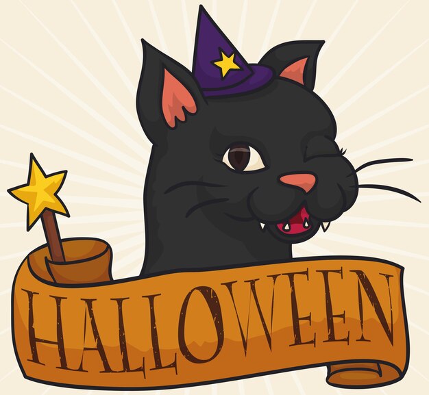 ハロウィン用にとんがり帽子とリボンを巻いた魔法の杖を持ってウインクするかわいい雌猫