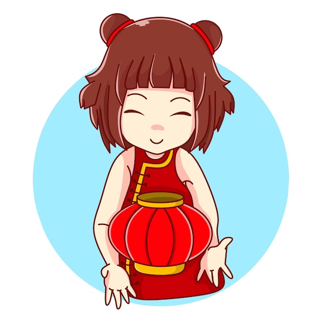 Cute female character in chinese clothes and lanterns kawaii designs