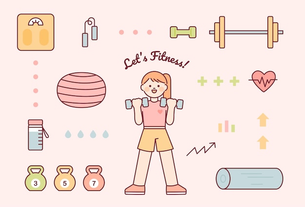 Cute female character holding dumbbells and exercise equipment set.