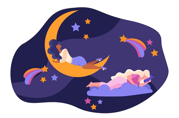 Vector cute female character with long hair is sleeping on the moon concept of romantic dreams with night