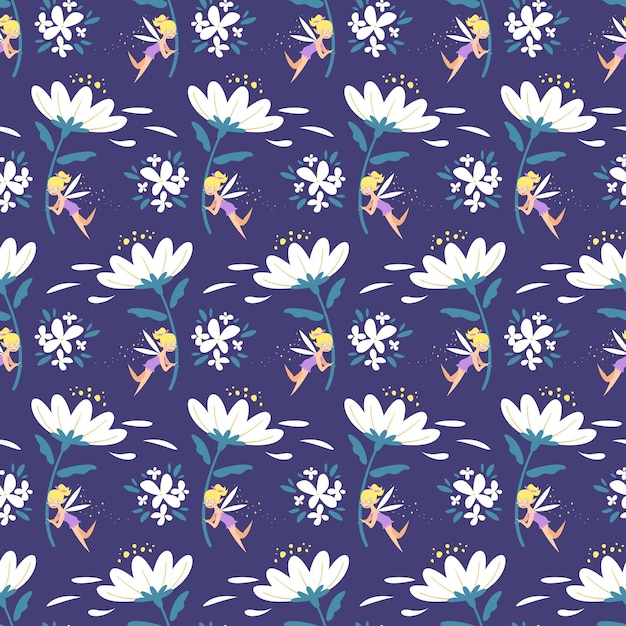 CUTE FEMALE FAIRY IS HOLDING A BIG WHITE FLOWER SEAMLESS PATTERN