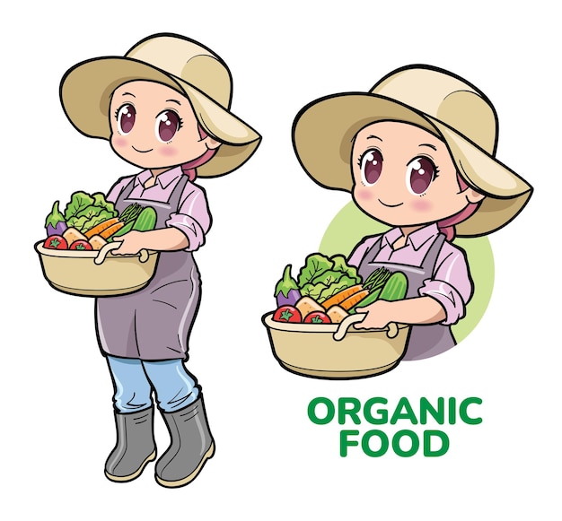 A cute female farmer carrying a basket of vegetables