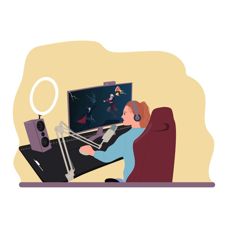 Vector a cute female gamer girl streaming a video game.