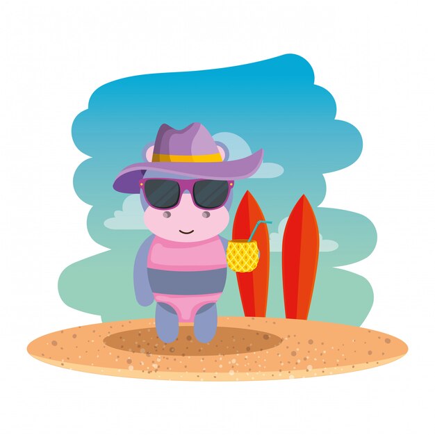 Cute female hippo with summer hat and pineapple cocktail on the beach