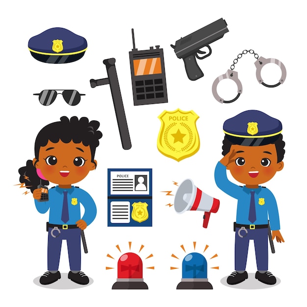 Cute female and male police officer with equipment set.
