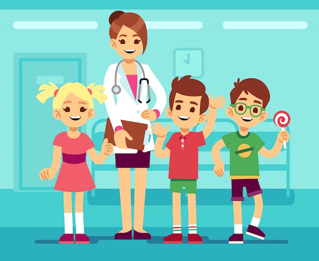 Vector cute female pediatrician doctor and happy healthy boys and girls in hospita