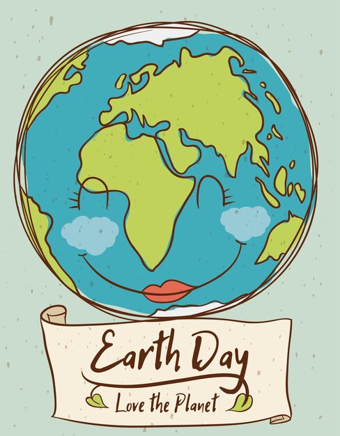 Vector cute female planet with scroll remembering you that is the earth day
