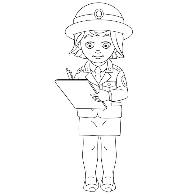 Cute female police officer. people professions. cartoon\
coloring book page for kids.