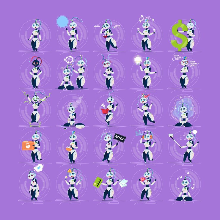 Vector cute female robots set 