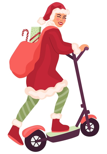 Cute female Santa with Christmas gifts riding a kick scooter. Colourful vector illustration.