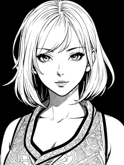 Vector cute female short hair sketch black and white anime style artwork illustration