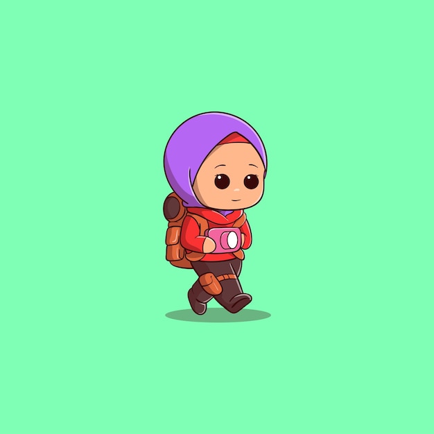 Vettore carina viaggiatrice che usa l'illustrazione dell'icona di vettore dell'hijab