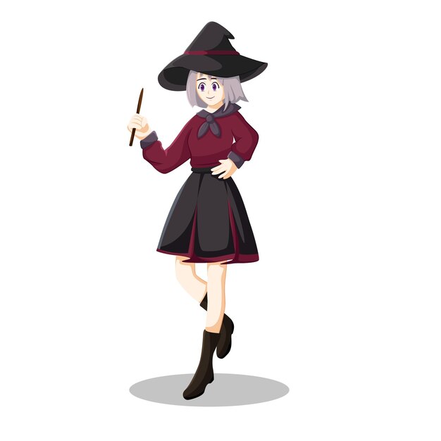 ベクトル 可愛い女魔女が魔法の杖を握るイラスト