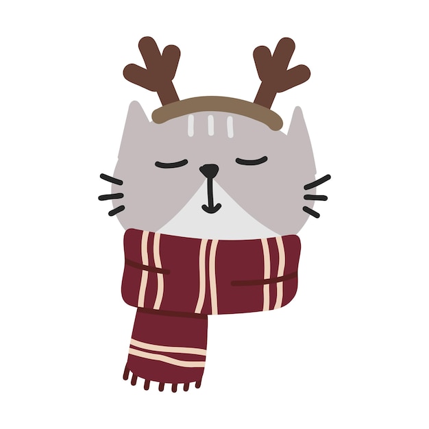 사슴 뿔을 쓴 귀여운 축제 고양이 캐릭터 스카프에 손으로 그린 키티 벡터 아늑한 그림