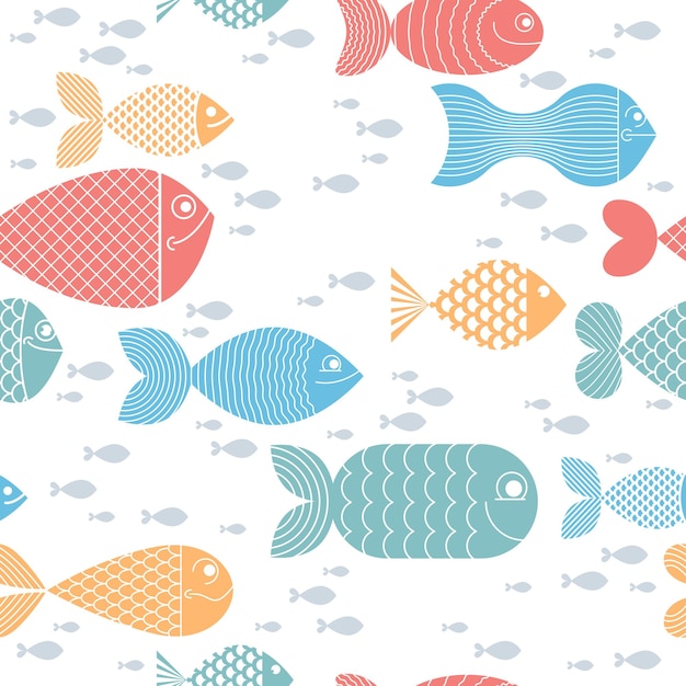 Vector cute fiches seamless background, seamless pattern, cute childish background for children textile or wrapping paper or packaging for seafood products.