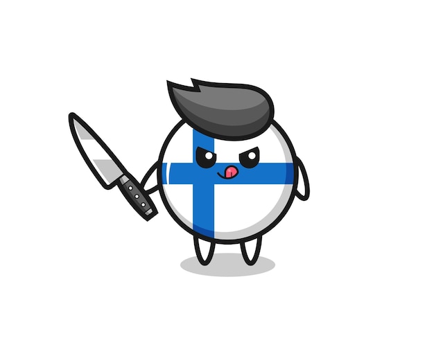 Simpatica mascotte del distintivo della bandiera della finlandia come psicopatico che tiene un coltello