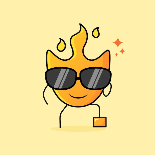 cute fire cartoon with smile expression. one leg raised and one hand holding glasses