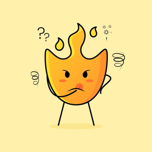 cute fire cartoon with thinking expression. hand on chin and tongue sticking out