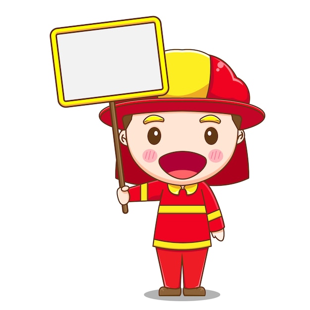 Cute firefighter character holding empty board 