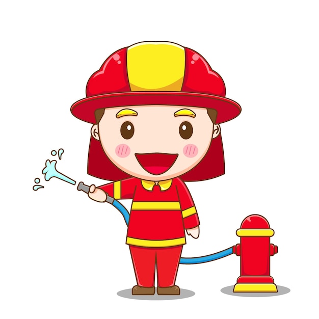 Cute firefighter character spray water