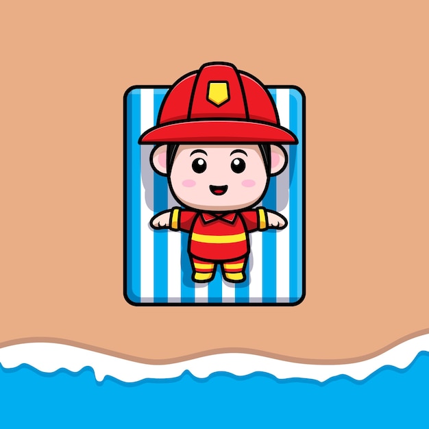 ビーチ漫画のマスコットで日光浴かわいい消防士