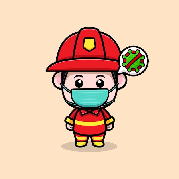 Cute firefighter wearing mask to prevention virus cartoon mascot