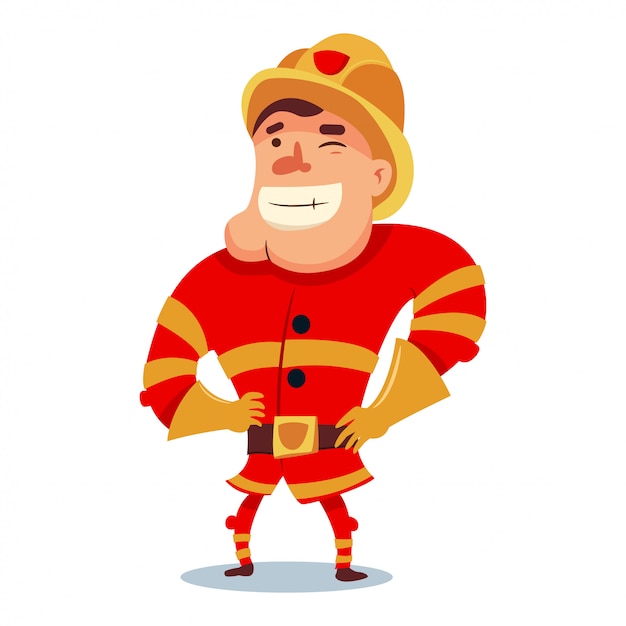 Cute fireman in helmet cartoon character. firefighter in traditional uniform. vector people illustration isolated