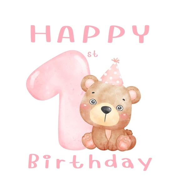 Vector a cute first birthday teddy bear wearing a party hat with pink number 1 innocence animal watercolor