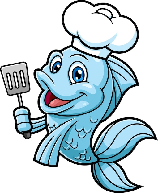 Cute Fish Chef Cartoon Character Holding A Slotted Spatula