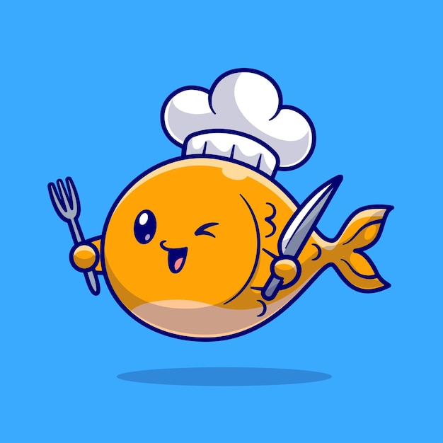 Cute fish chef with fork and knife cartoon vector icon illustration animal food icon isolated